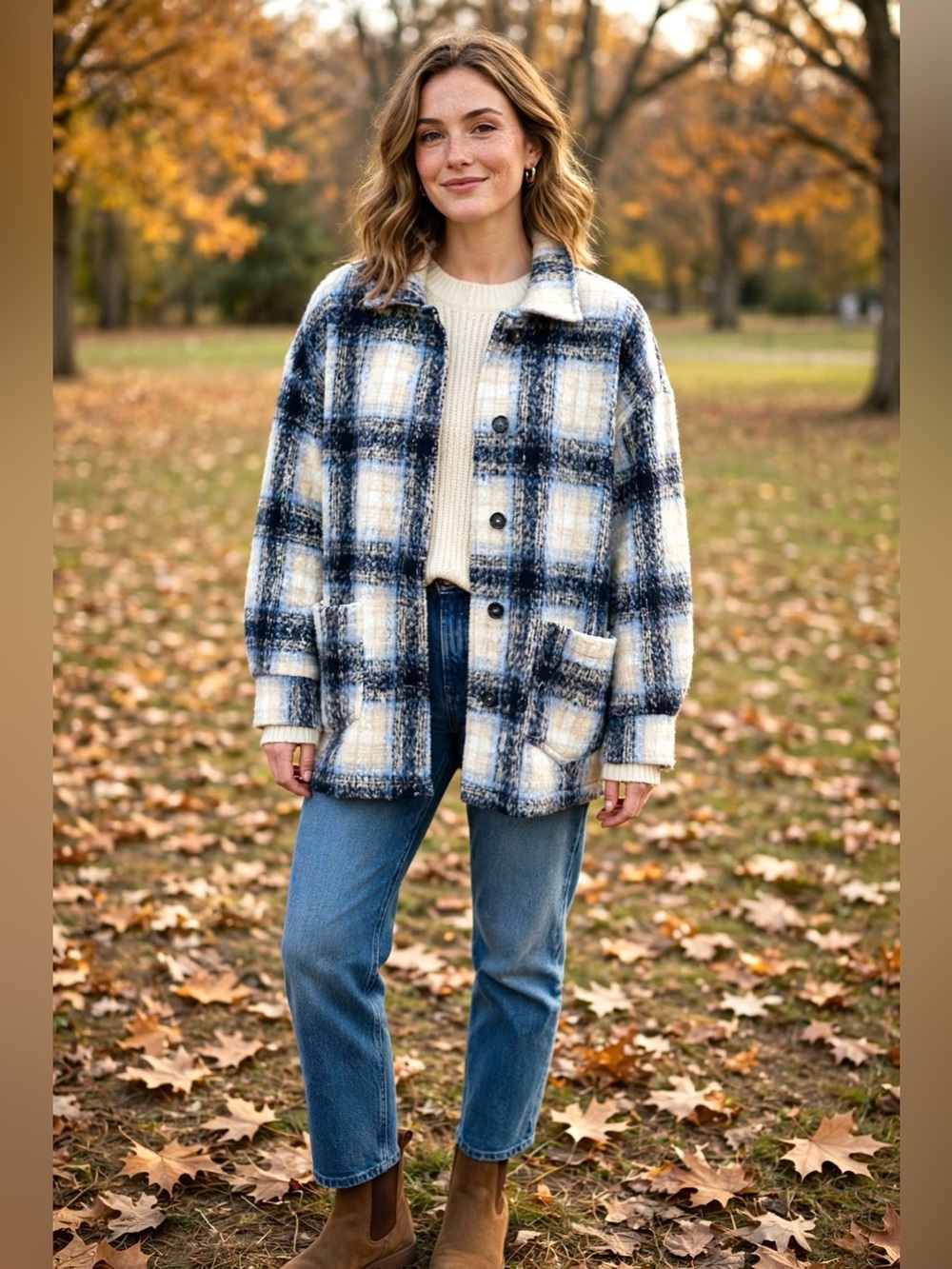 Ambiance Navy & Cream Plaid Button-Up Shacket Pea Coat - Sz M